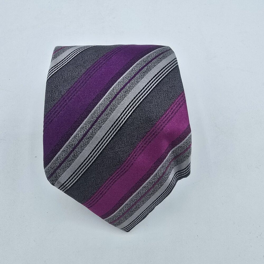 Mens Necktie Kenneth Cole 58 By 3.5 Inch Tie Silk Striped Purple Black Vintage
